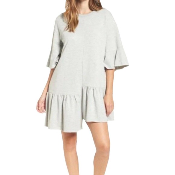 BP Light Grey Asymmetrical Short Sleeve Flounce Dress Size Medium - Picture 1 of 7
